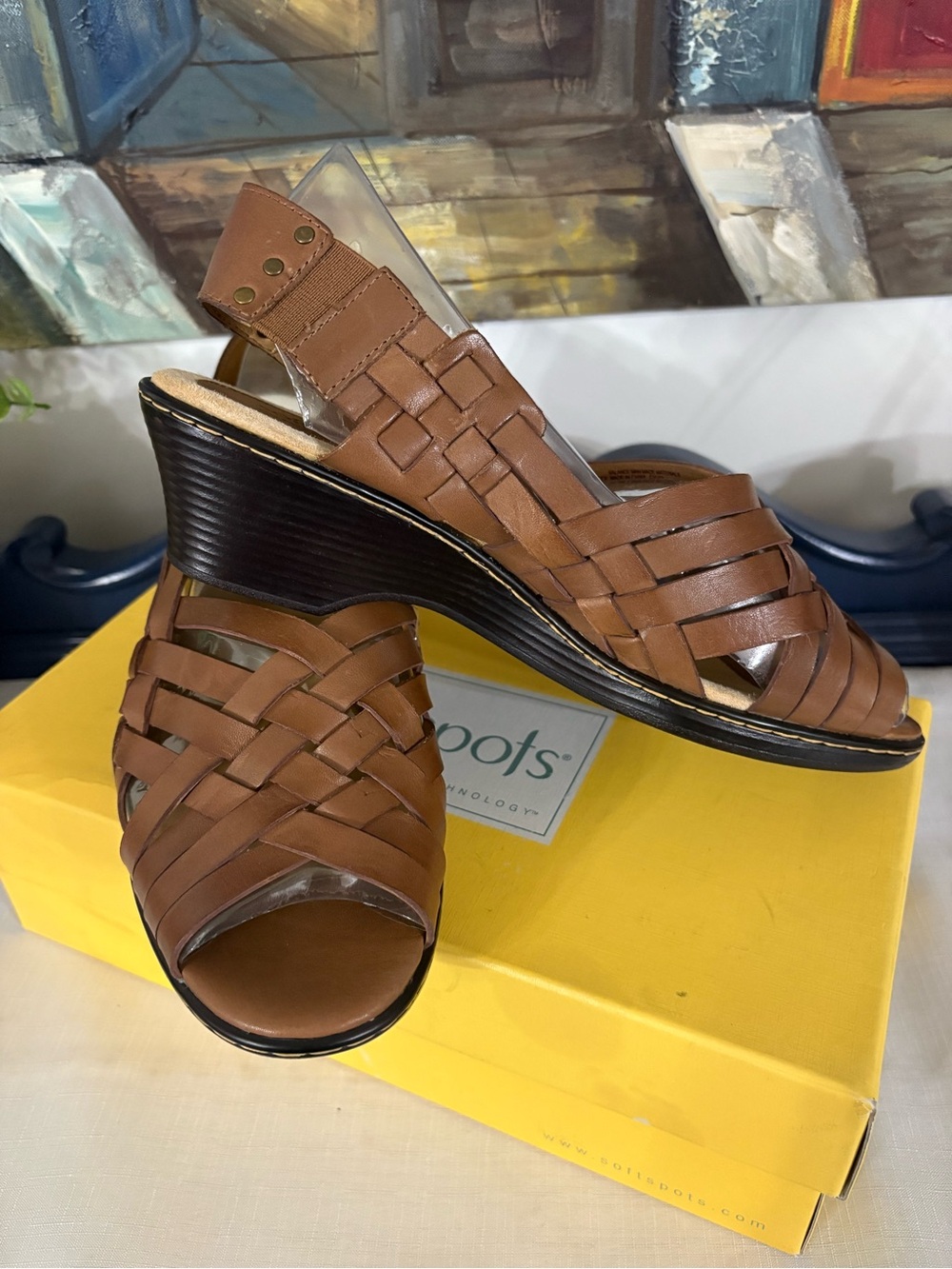 Softspots Tan Woven Leather Slingback Wedge Sandals NIB SIZE 8.5 WW